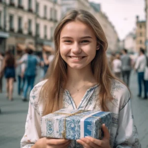 AliExpress Ukraine: A young and happy Ukrainian woman stands in the center of Kyiv and holds a gift box in her hands.