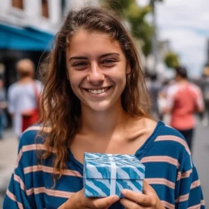 AliExpress Uruguay: A young and happy Uruguayan woman stands in the center of Montevideo and holds a gift box in her hands.