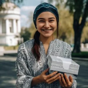 AliExpress Uzbekistan: A young and happy Uzbek woman stands in the center of Tashkent and holds a gift box in her hands.