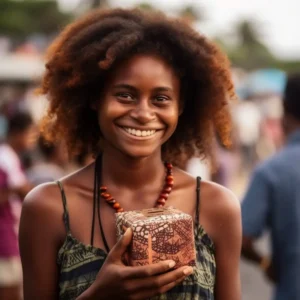 AliExpress Vanuatu: A young and happy Ni-Vanuatu woman stands in the center of Port Vila and holds a gift box in her hands.