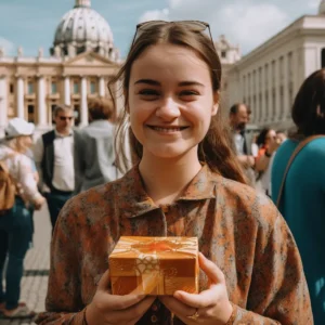 AliExpress Vatican City: A young and happy woman stands in the center of Vatican City and holds a gift box in her hands.