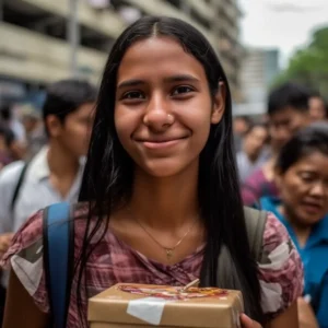 AliExpress Venezuela: A young and happy Venezuelan woman stands in the center of Caracas and holds a gift box in her hands.