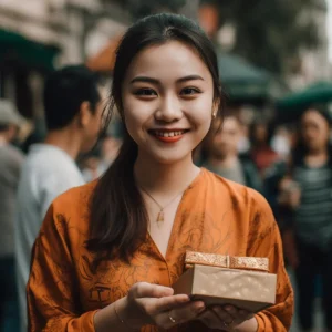 AliExpress Vietnam: A young and happy Vietnamese woman stands in the center of Hanoi and holds a gift box in her hands.