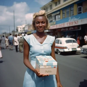 AliExpress Virgin Islands (British): A young and happy British Virgin Islander woman stands in the center of Road Town and holds a gift box in her hands.