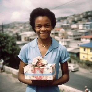 AliExpress Virgin Islands (U.S.): A young and happy U.S. Virgin Islander woman stands in the center of Charlotte Amalie and holds a gift box in her hands.