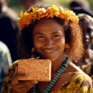 AliExpress Wallis And Futuna Islands: A young and happy Wallisian or Futunan woman stands in the center of Mata-Utu and holds a gift box in her hands.