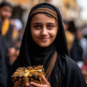 AliExpress Yemen: A young and happy Yemeni woman stands in the center of Sana'a and holds a gift box in her hands.