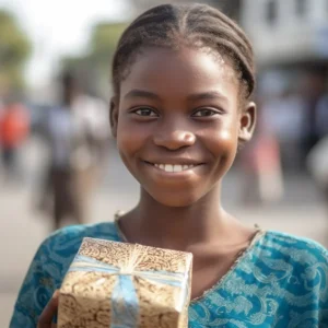AliExpress Zambia: A young and happy Zambian woman stands in the center of Lusaka and holds a gift box in her hands.