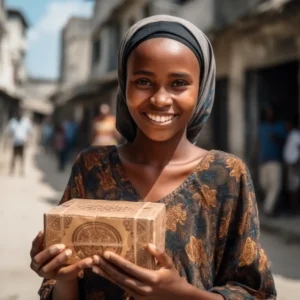 AliExpress Zanzibar: A young and happy Zanzibari woman stands in the center of Zanzibar City and holds a gift box in her hands.
