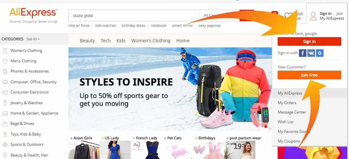 Register on Aliexpress or log in to your account