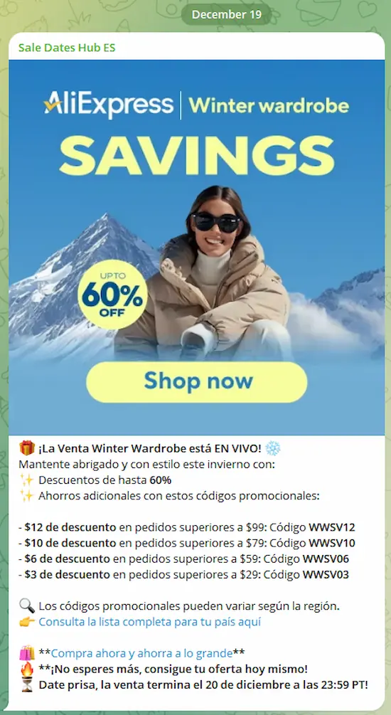 Este es un ejemplo real de lo que recibirás: códigos promocionales verificados, alertas anticipadas de ventas y consejos de ahorro, todo enviado directamente a tu mensajero.
