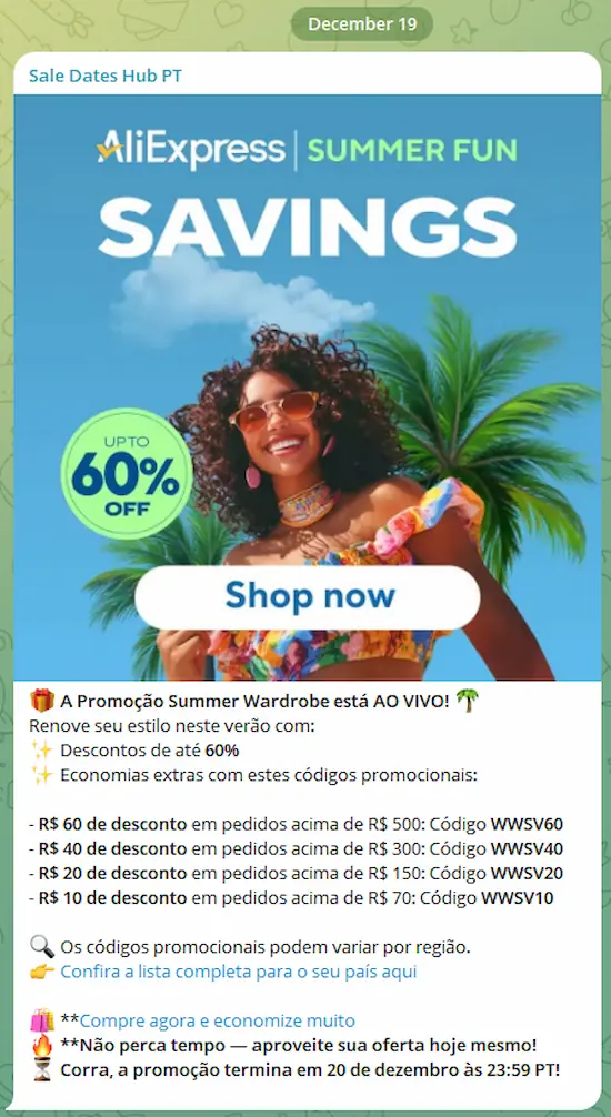 Este é um exemplo real do que você receberá: códigos promocionais verificados, alertas antecipados de promoções e dicas de economia, tudo enviado diretamente para o seu mensageiro.