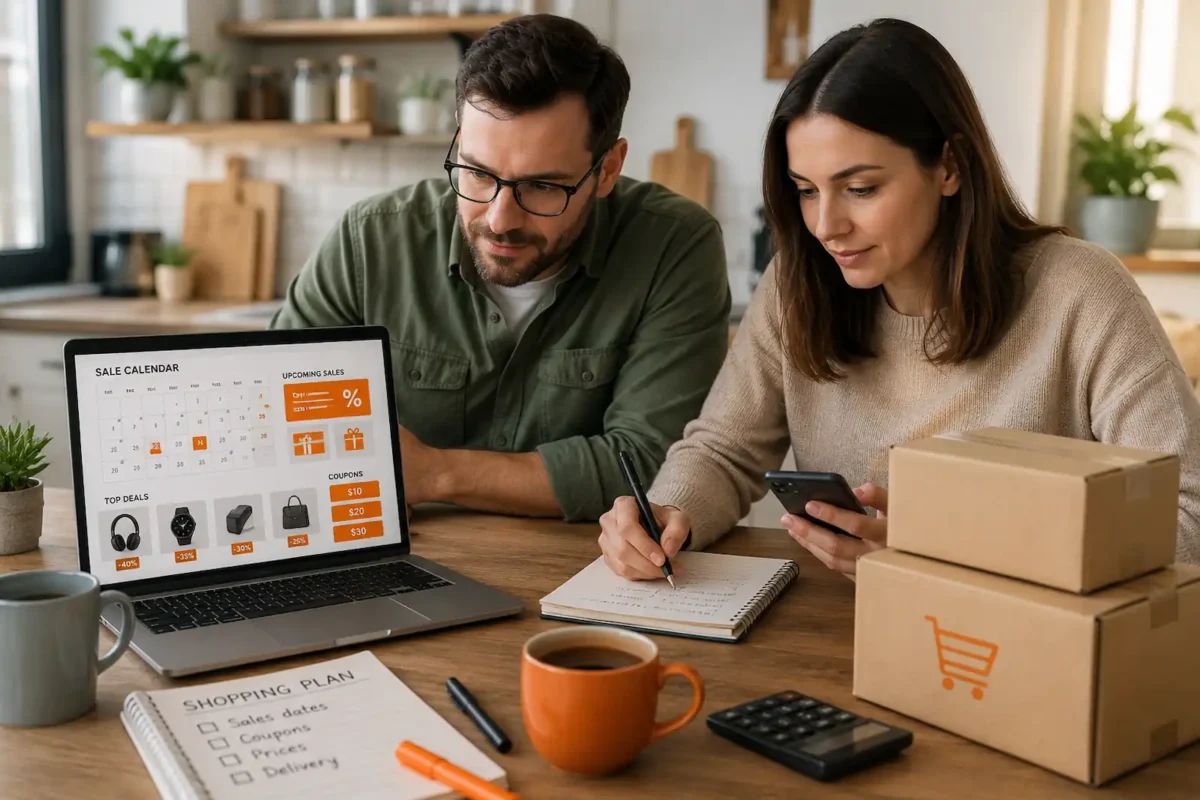 Shoppers planning AliExpress purchases with a sales calendar and coupons
